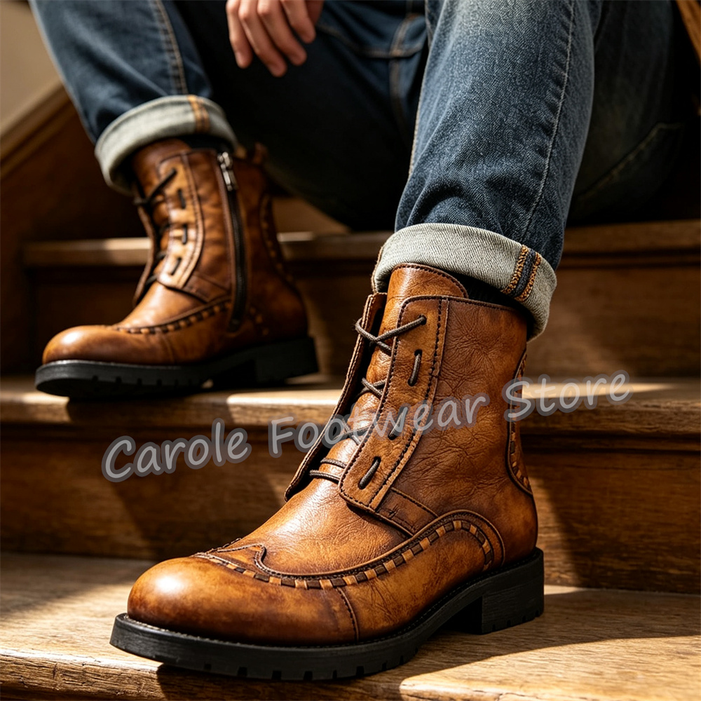 Sewing Zipper - Bottines pour homme en cuir véritable,