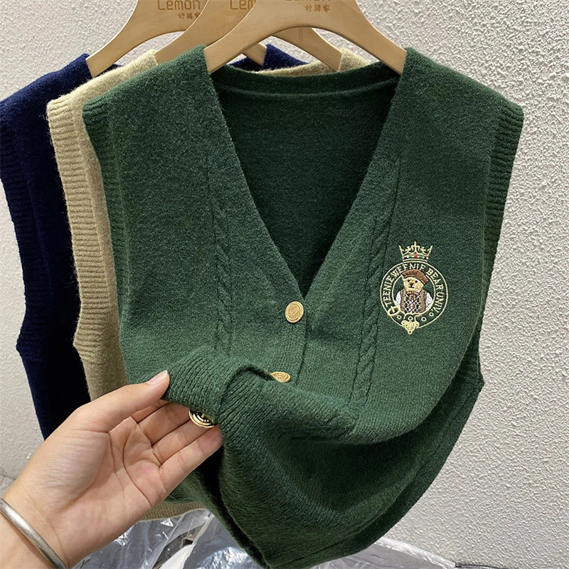 Sewing Vest - Nouveau ours brodé tricoté ample simple