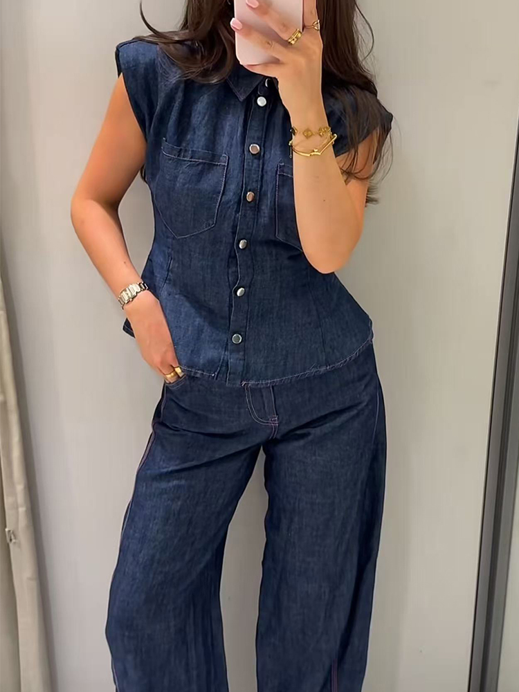Ensemble pantalon en jean chic - Shoulder Pad Set In avis et prix